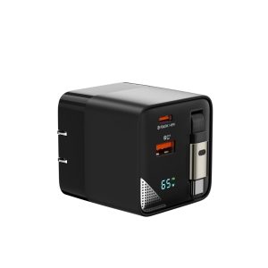65W Foldable Travel Adapter with Retractable Type-C Cable, Dual USB-C/A Ports | Compact 50mm Cube Fast Charger