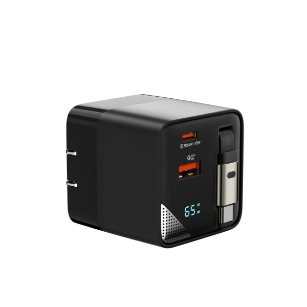 65W Foldable Travel Adapter with Retractable Type-C Cable, Dual USB-C/A Ports | Compact 50mm Cube Fast Charger